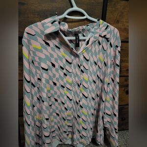 Marc Cain Pink Geometric Button-Down Shirt with Black, Gray & Yellow Accents